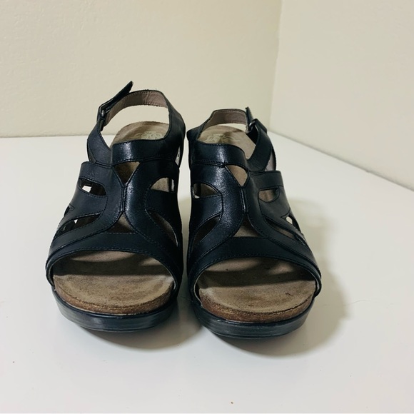 Dansko Felicia Black Leather Open Toe Strappy Hook Loop Studded Wedge - Picture 8 of 9